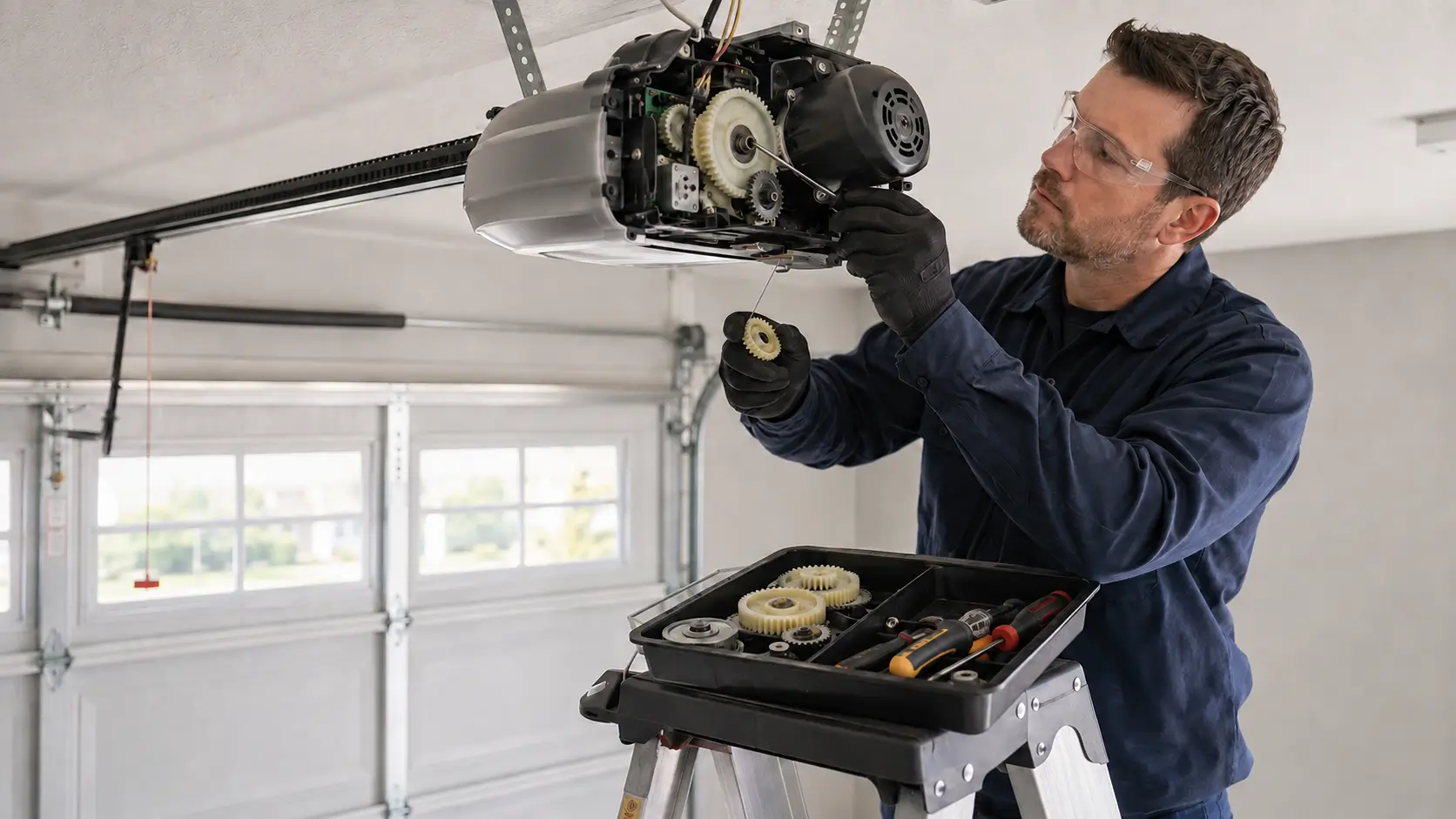 Professional technician replacing internal garage door opener motor